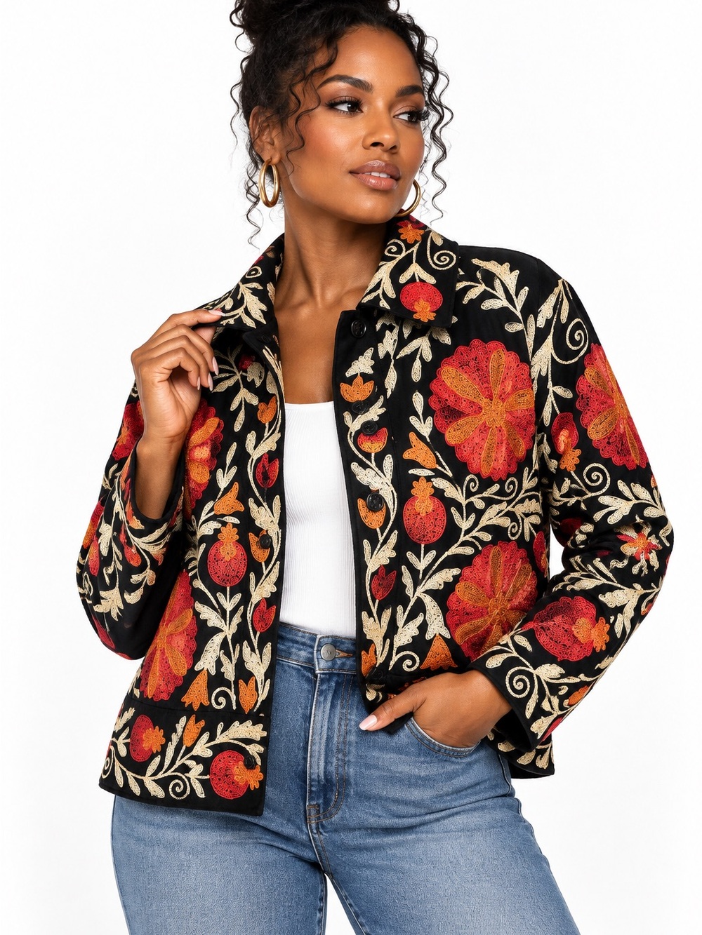 Black Embroidered Floral Jean Jacket with Red & Gold Accents